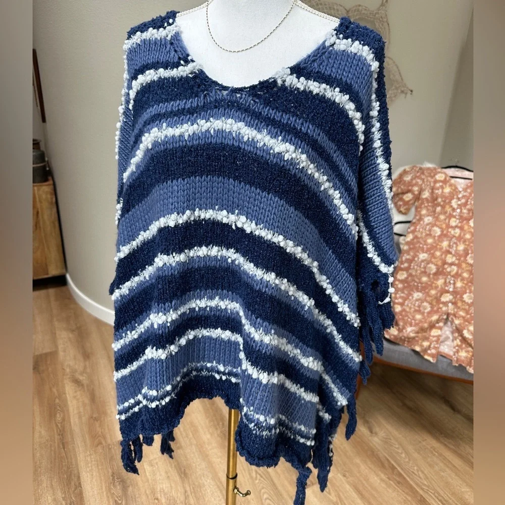 Free People boho Big Dipper blue and white crochet knit poncho